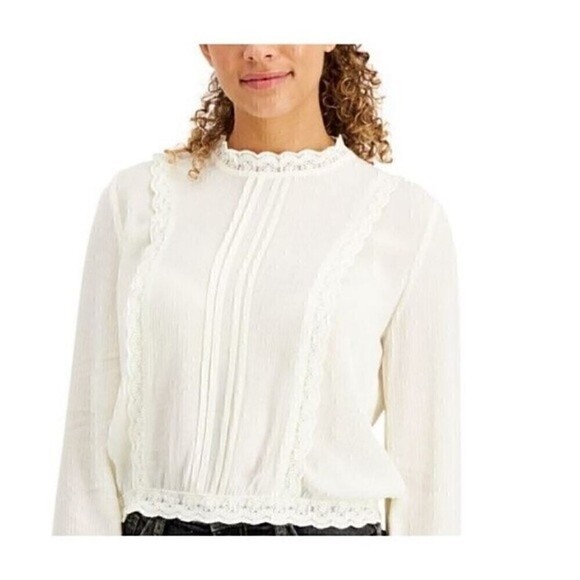 New Self Esteem Junior's Pleated Lace Trim Blouse White XS, L - Picture 2 of 6